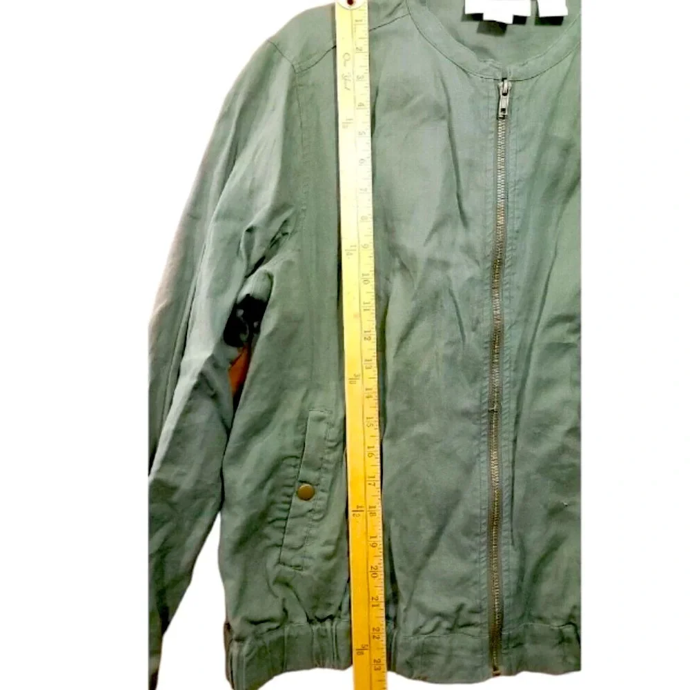 CYNTHIA ROWLEY LINEN Army Green Khaki Bomber Jacket Full Zip Long Sleeves Large